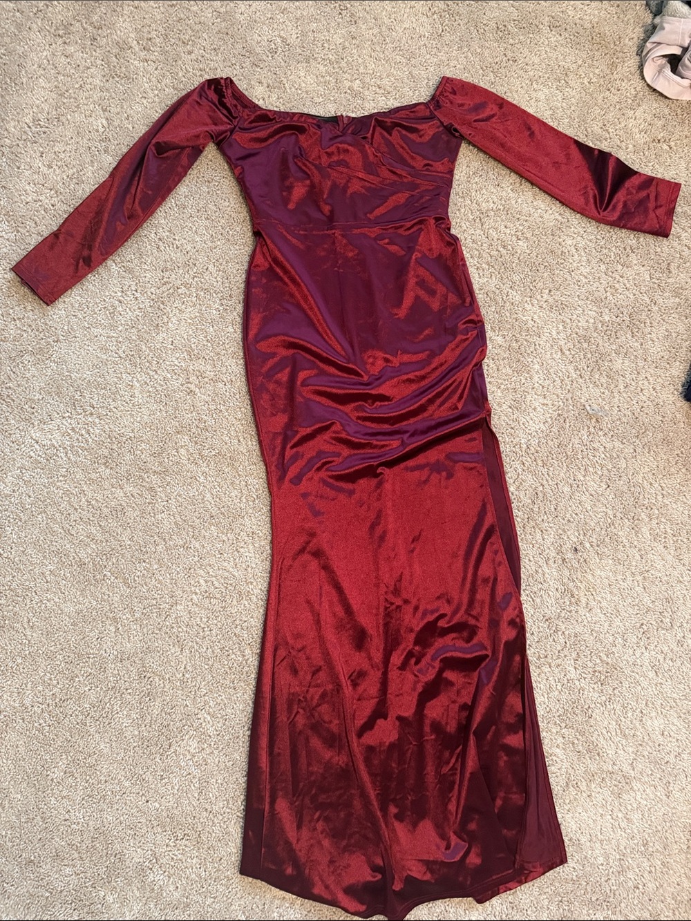 SHEIN Burgundy Off-Shoulder Long Sleeve Satin Maxi Dress